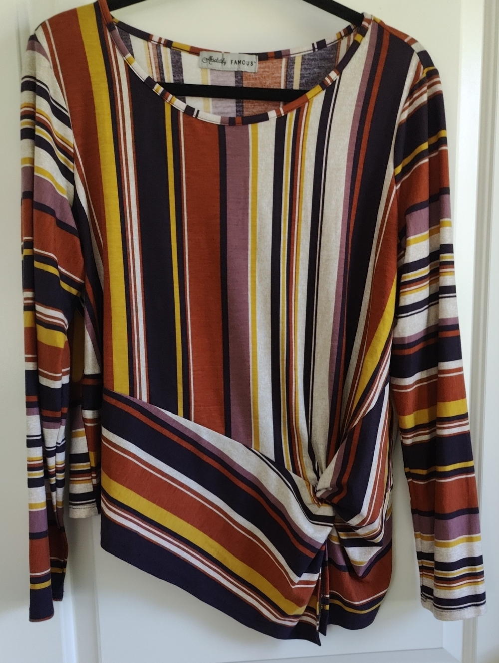 Absolutely Famous Striped Twist-Front Long Sleeve Top - Rust/Yellow/Black